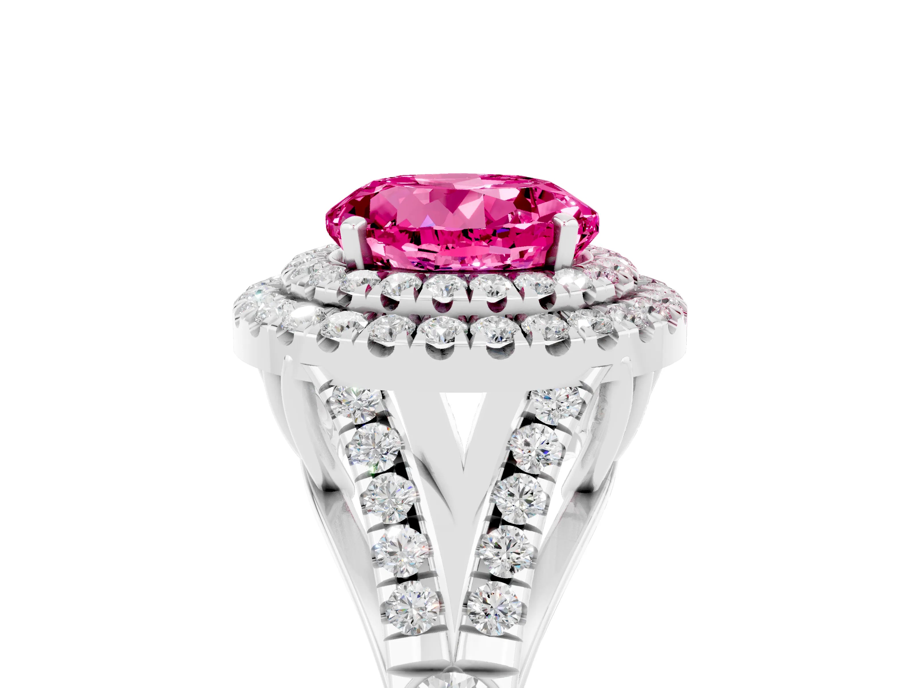 White gold Double Halo Round Cut Pink Sapphire Pavé Split Shank Ring with Prong Setting_5