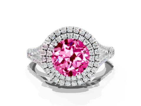 White gold Double Halo Round Cut Pink Sapphire Pavé Split Shank Ring with Prong Setting