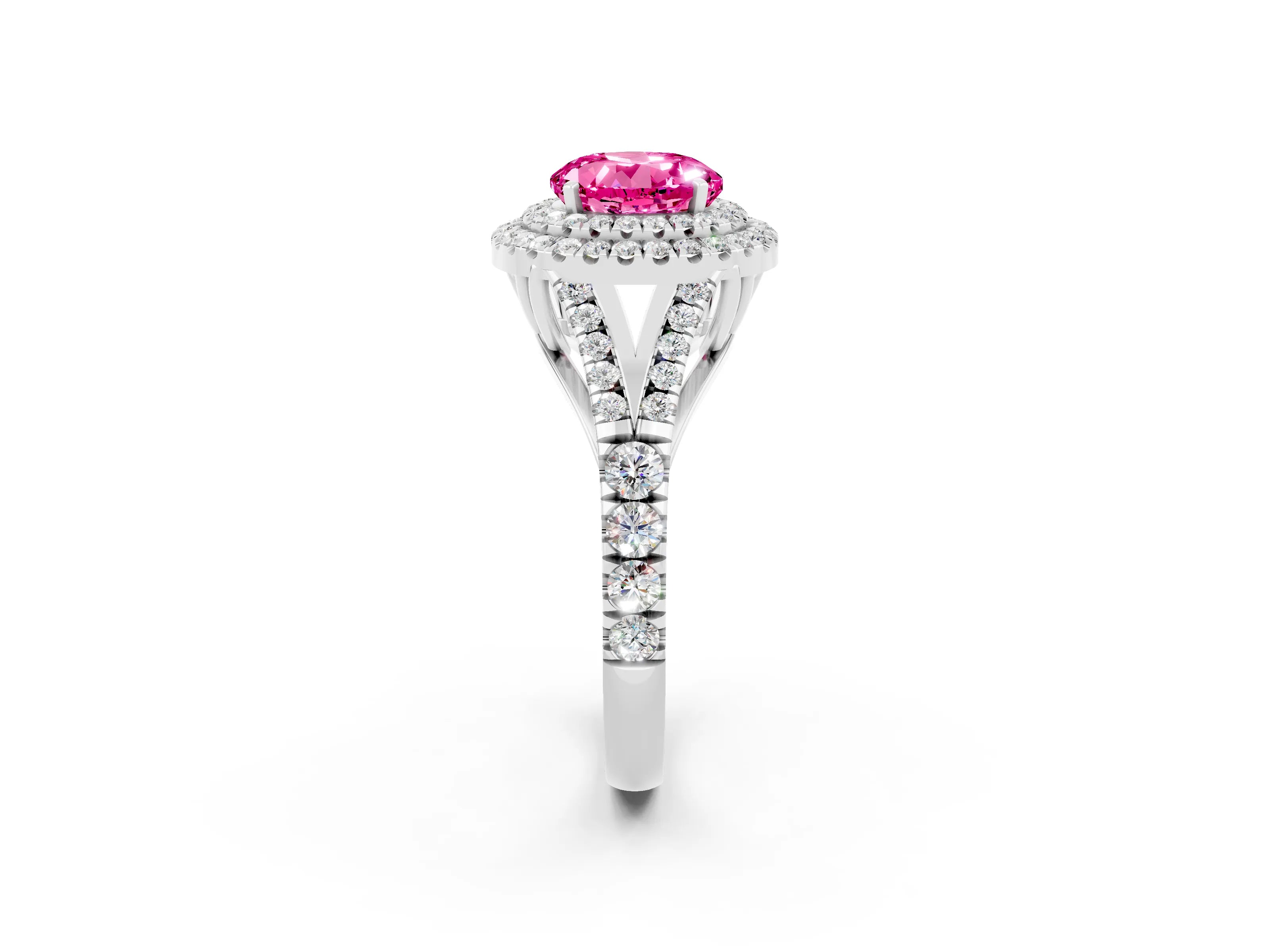 White gold Double Halo Round Cut Pink Sapphire Split Shank Engagement Ring with Four-Prong Setting_2