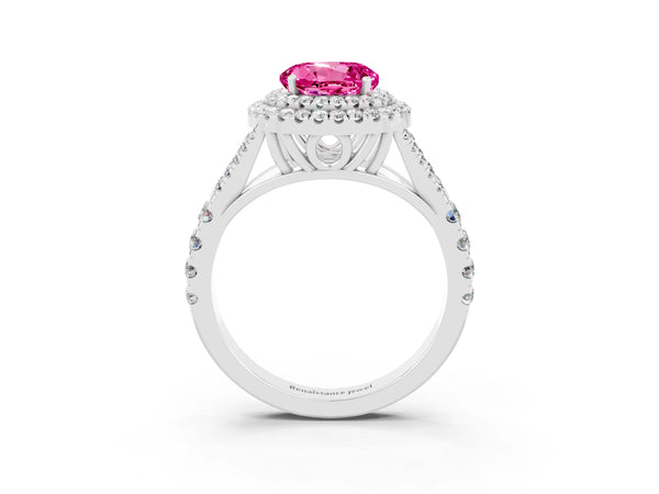 Platinum Double Halo Round Cut Pink Sapphire Split Shank Engagement Ring with Four-Prong Setting