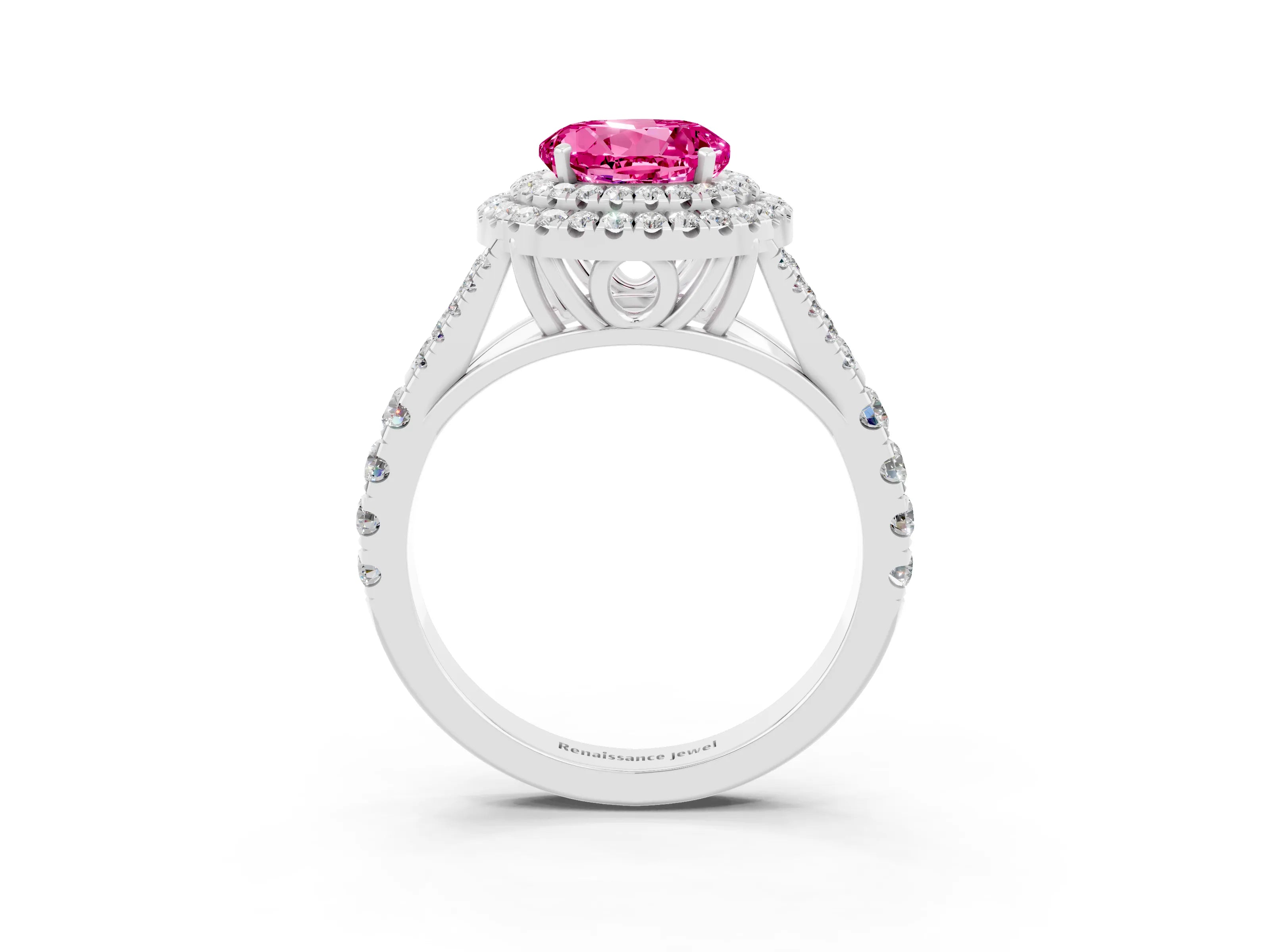 White gold Double Halo Round Cut Pink Sapphire Split Shank Engagement Ring with Four-Prong Setting_3