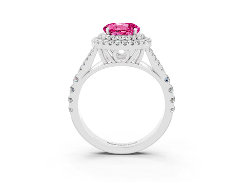 White gold Double Halo Round Cut Pink Sapphire Split Shank Engagement Ring with Four-Prong Setting_3