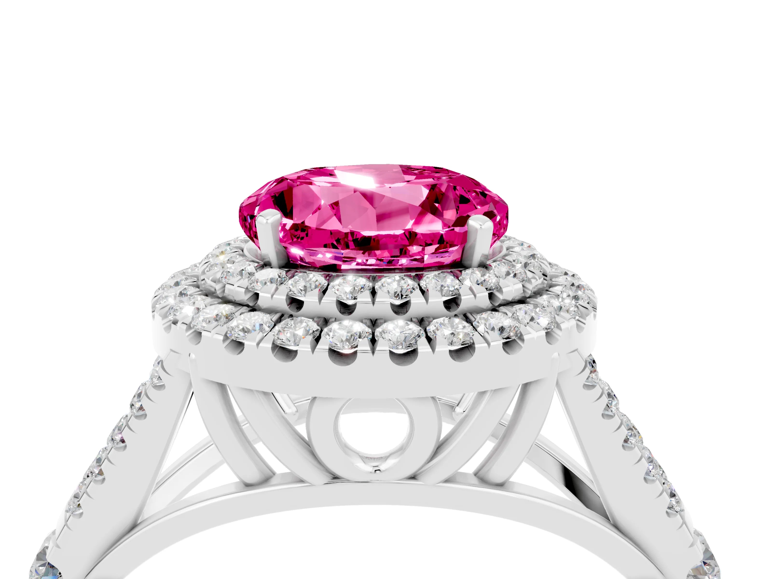 White gold Double Halo Round Cut Pink Sapphire Split Shank Engagement Ring with Four-Prong Setting_4