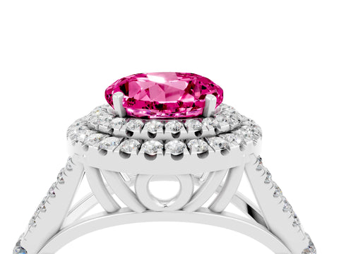 White gold Double Halo Round Cut Pink Sapphire Split Shank Engagement Ring with Four-Prong Setting_4