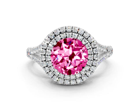 White gold Double Halo Round Cut Pink Sapphire Split Shank Engagement Ring with Four-Prong Setting
