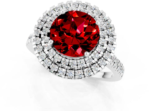 White gold Double Halo Round Cut Ruby Pavé Band with Four-Prong Setting_1