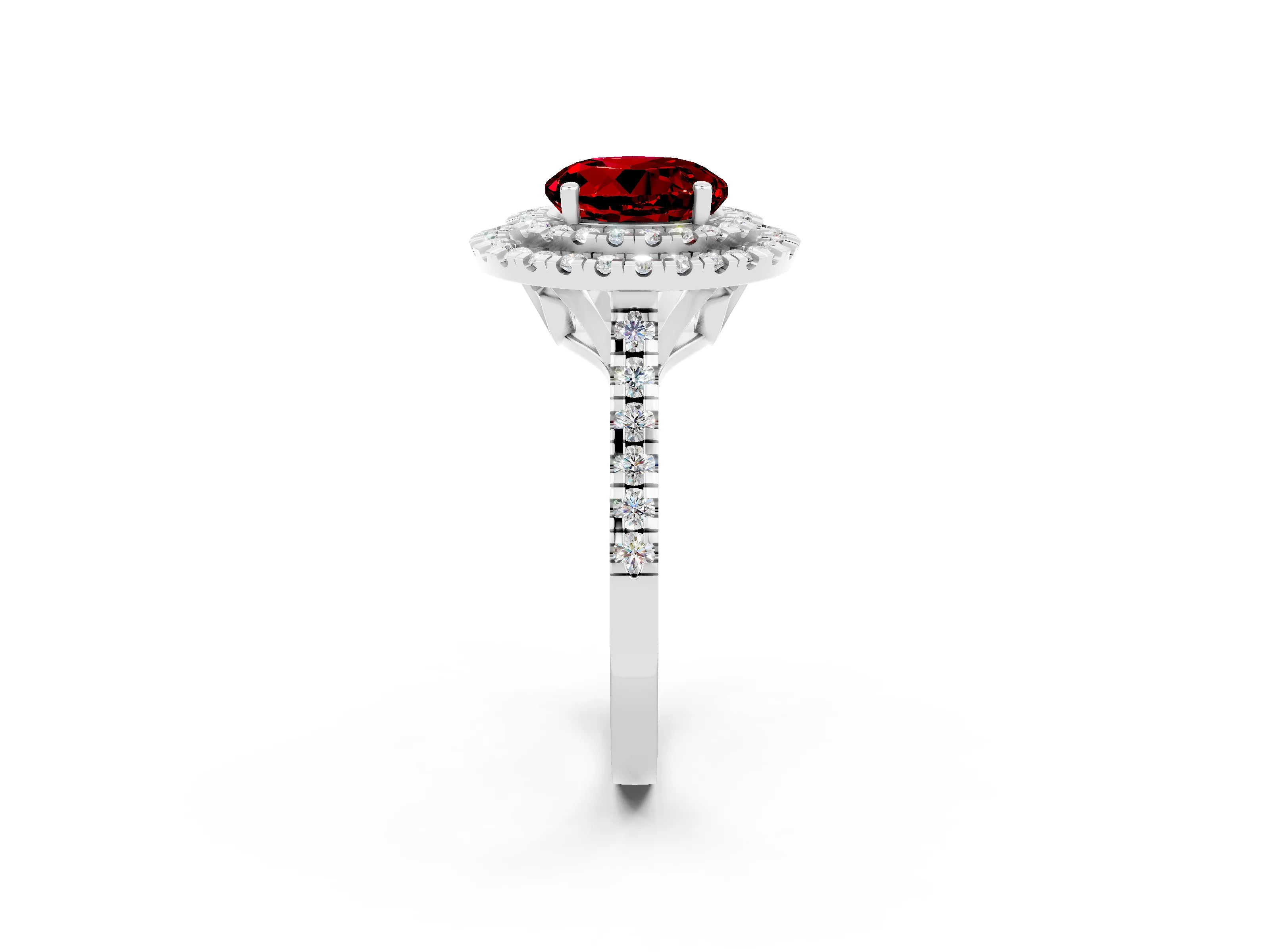 White gold Double Halo Round Cut Ruby Pavé Band with Four-Prong Setting_2