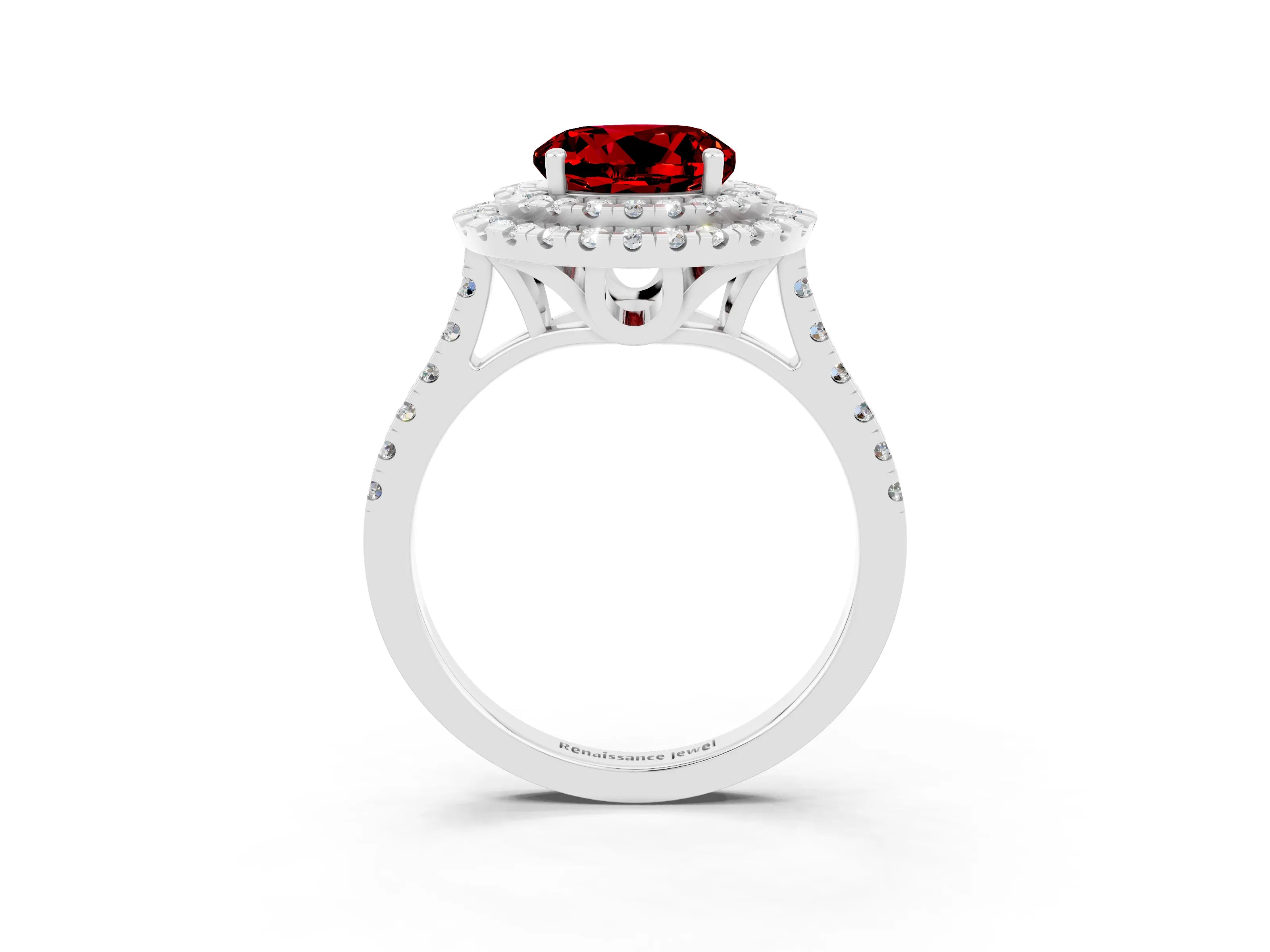 White gold Double Halo Round Cut Ruby Pavé Band with Four-Prong Setting_3