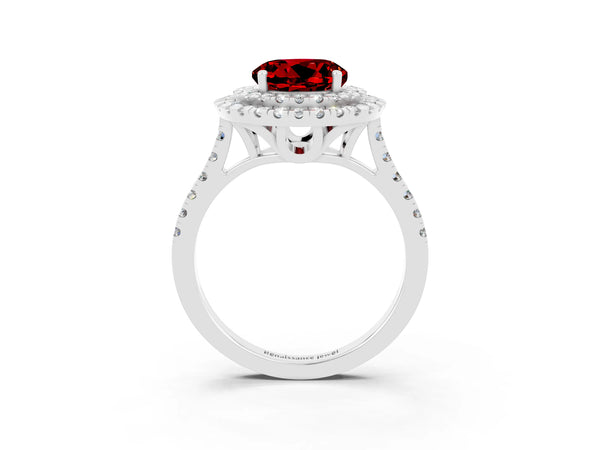 Platinum Double Halo Round Cut Ruby Pavé Band with Four-Prong Setting