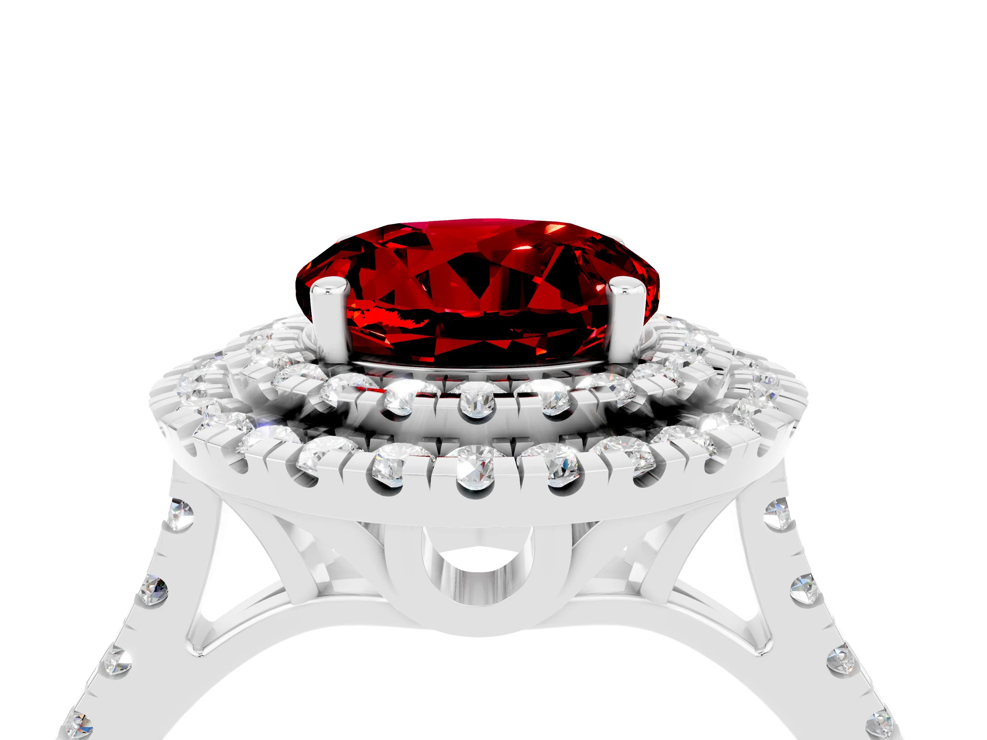 White gold Double Halo Round Cut Ruby Pavé Band with Four-Prong Setting_4