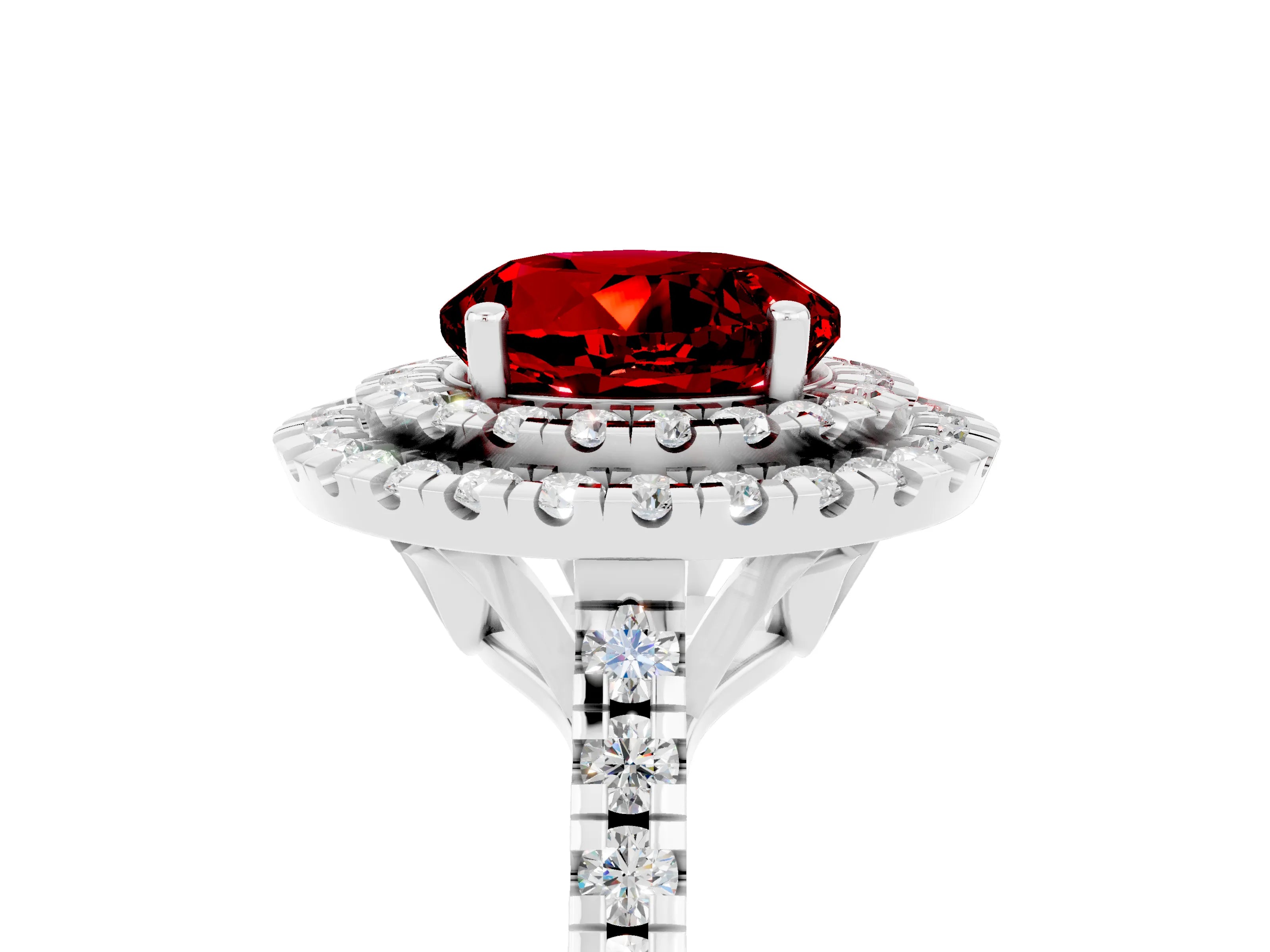 White gold Double Halo Round Cut Ruby Pavé Band with Four-Prong Setting_5
