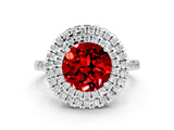 White gold Double Halo Round Cut Ruby Pavé Band with Four-Prong Setting