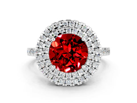 White gold Double Halo Round Cut Ruby Pavé Band with Four-Prong Setting