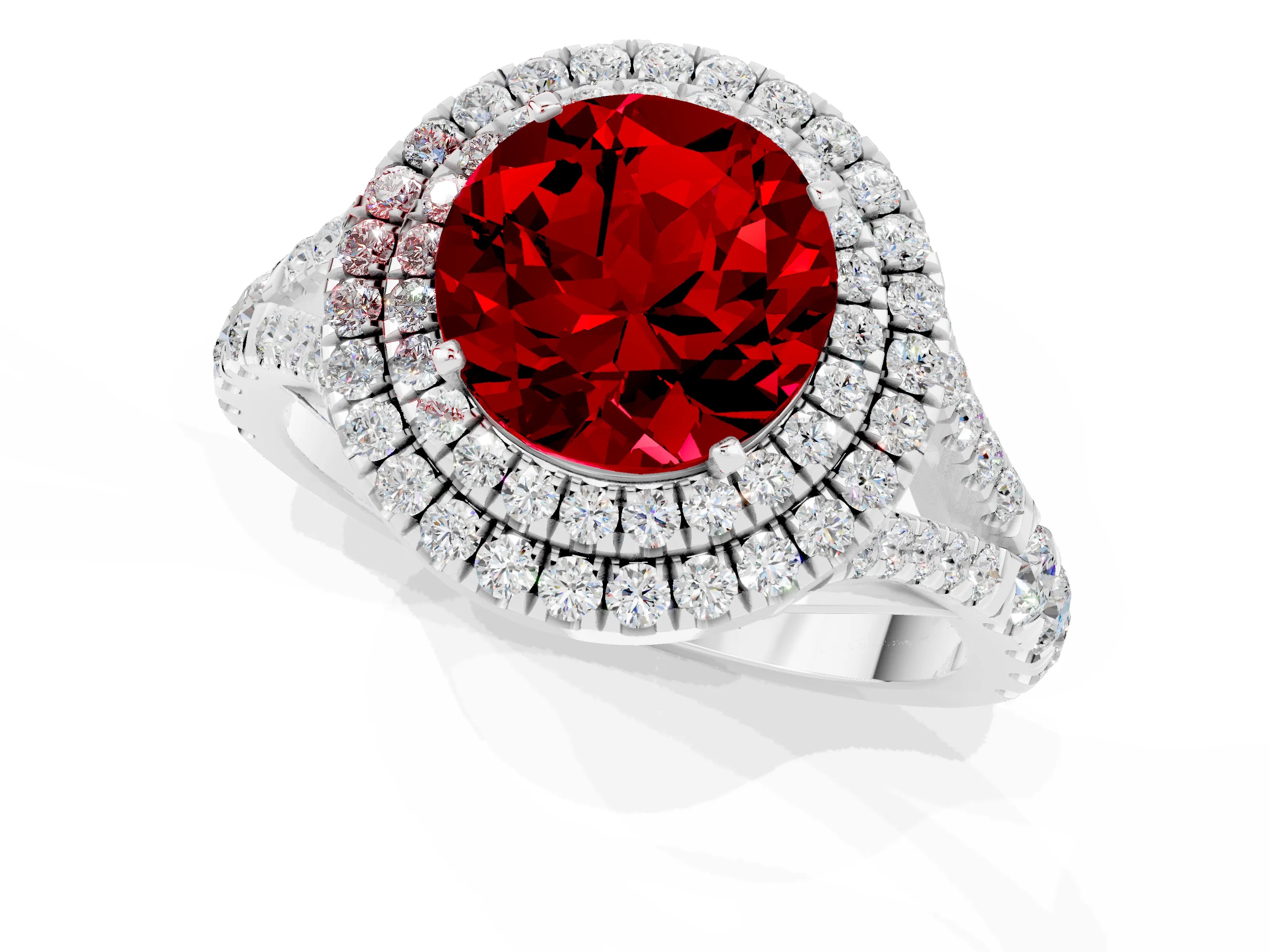 White gold Double Halo Round Cut Ruby Pavé Split Shank Ring with Prong Setting_1