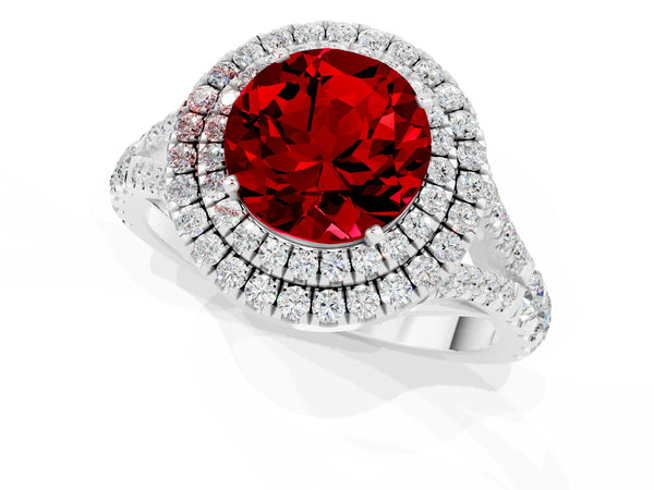 Silver Double Halo Round Cut Ruby Pavé Split Shank Ring with Prong Setting