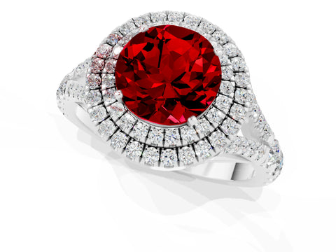 White gold Double Halo Round Cut Ruby Pavé Split Shank Ring with Prong Setting_1