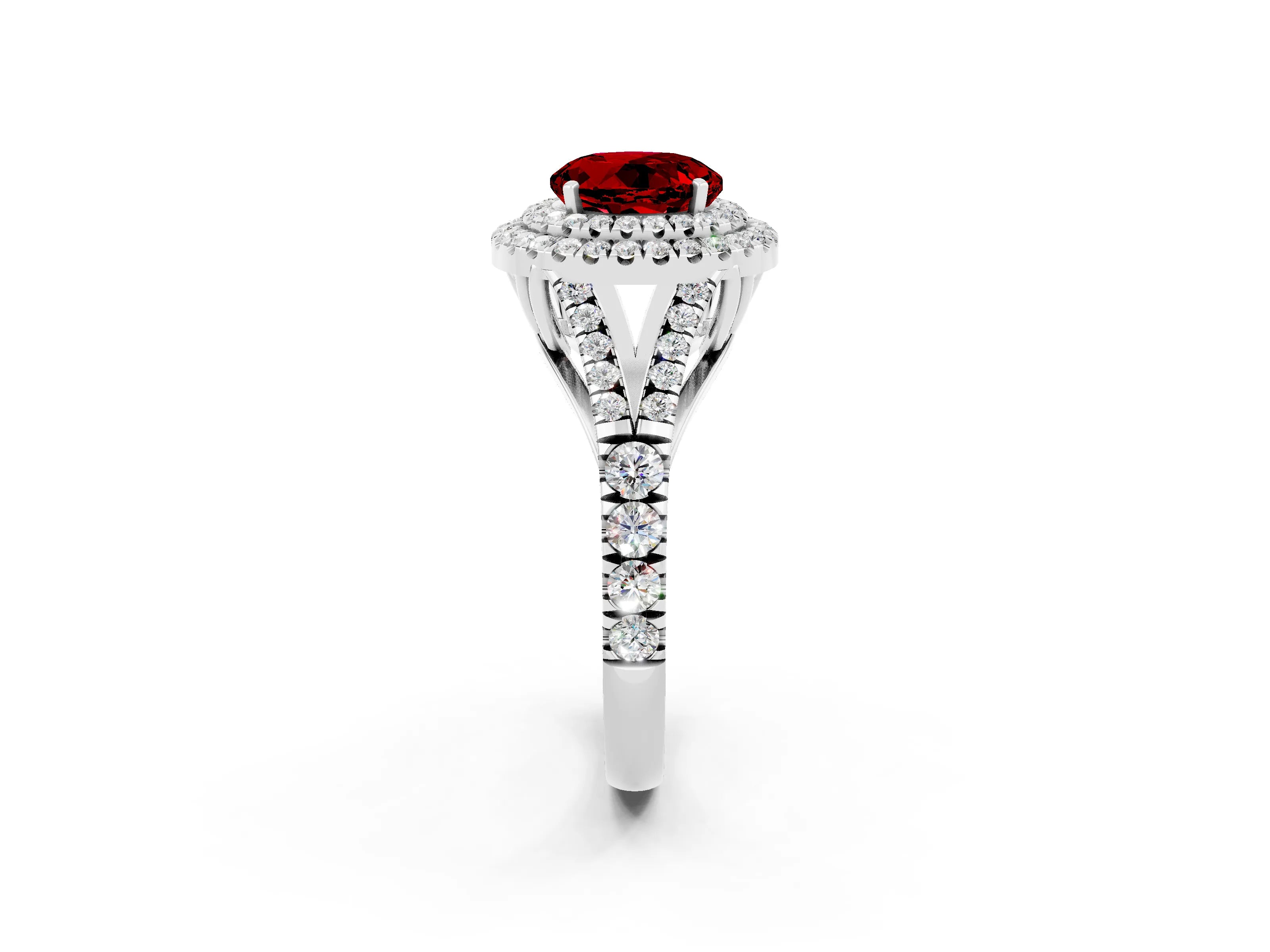 White gold Double Halo Round Cut Ruby Pavé Split Shank Ring with Prong Setting_2