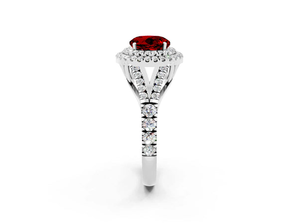 Platinum Double Halo Round Cut Ruby Pavé Split Shank Ring with Prong Setting