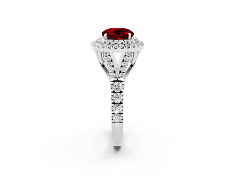 White gold Double Halo Round Cut Ruby Pavé Split Shank Ring with Prong Setting_2