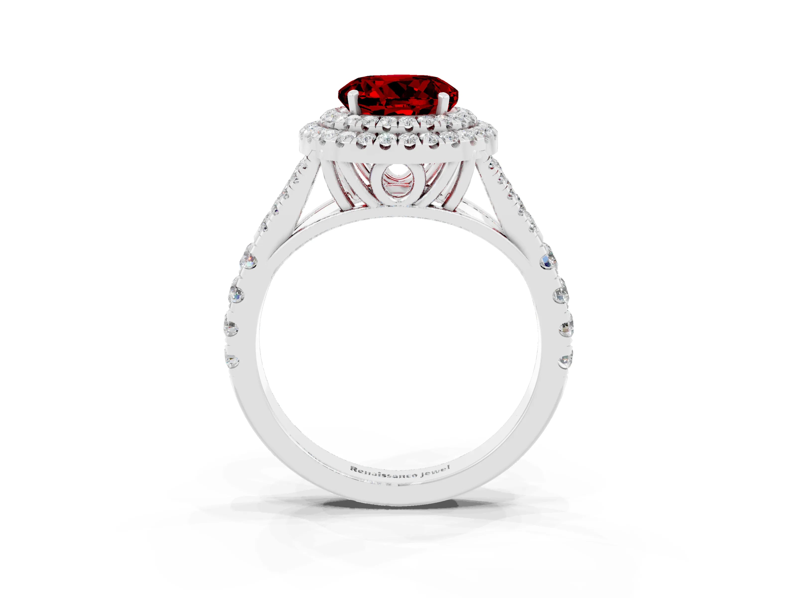 White gold Double Halo Round Cut Ruby Pavé Split Shank Ring with Prong Setting_3