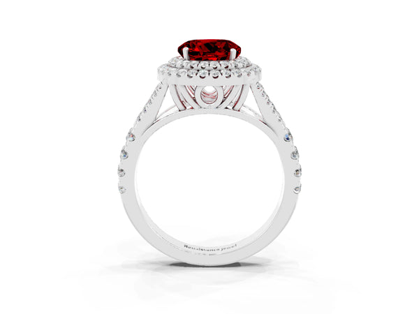 White gold Double Halo Round Cut Ruby Pavé Split Shank Ring with Prong Setting