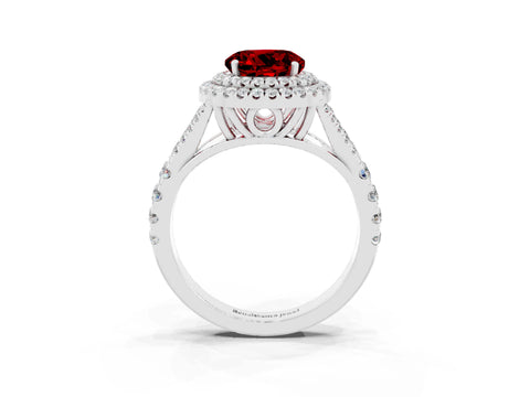 White gold Double Halo Round Cut Ruby Pavé Split Shank Ring with Prong Setting_3