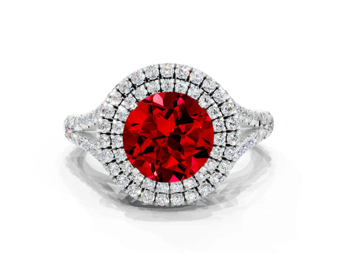 White gold Double Halo Round Cut Ruby Pavé Split Shank Ring with Prong Setting