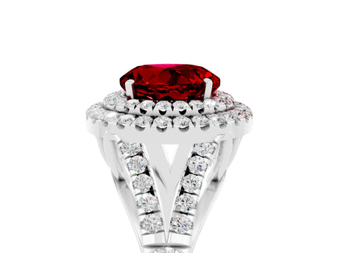 White gold Double Halo Round Cut Ruby Pavé Split Shank Ring with Prong Setting_5