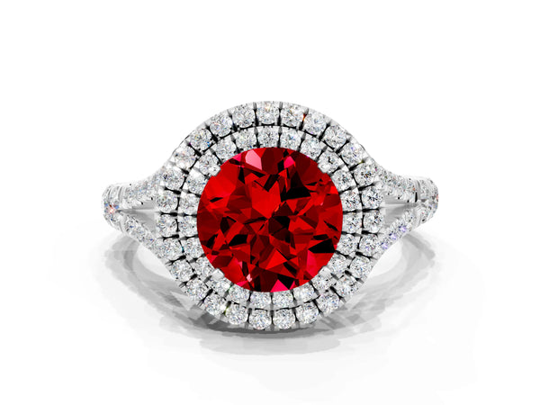 Silver Double Halo Round Cut Ruby Pavé Split Shank Ring with Prong Setting