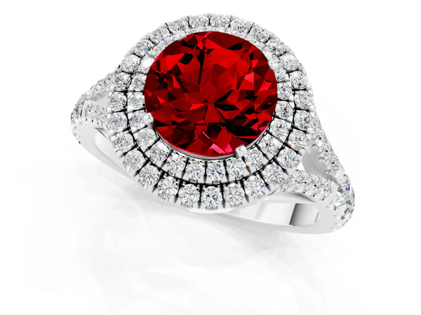 Platinum Double Halo Round Cut Ruby Split Shank Engagement Ring with Four-Prong Setting