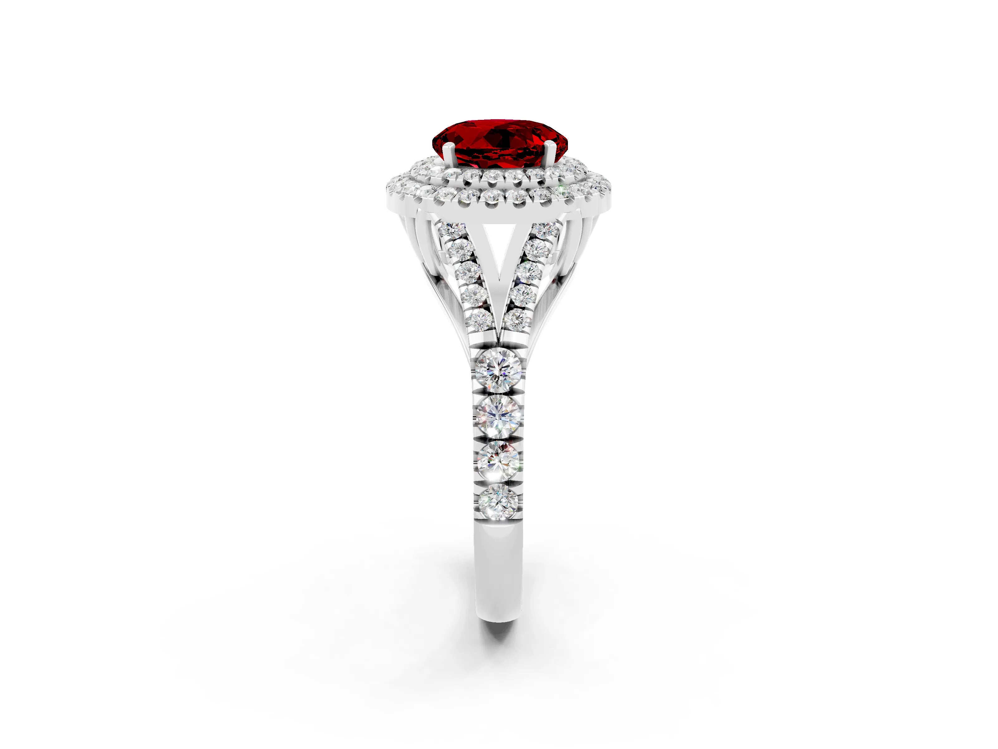 White gold Double Halo Round Cut Ruby Split Shank Engagement Ring with Four-Prong Setting_2