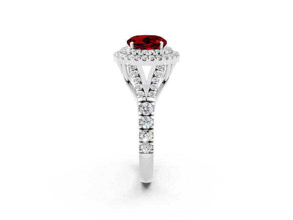 Silver Double Halo Round Cut Ruby Split Shank Engagement Ring with Four-Prong Setting