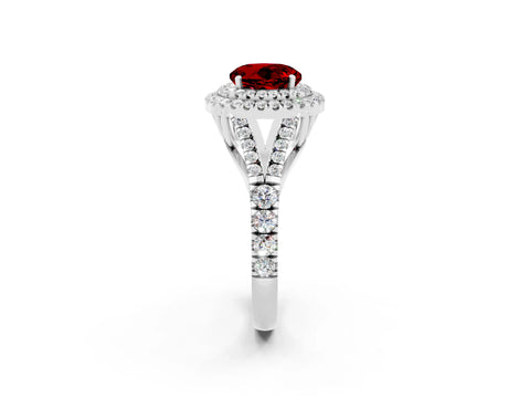 White gold Double Halo Round Cut Ruby Split Shank Engagement Ring with Four-Prong Setting_2