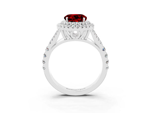 Platinum Double Halo Round Cut Ruby Split Shank Engagement Ring with Four-Prong Setting