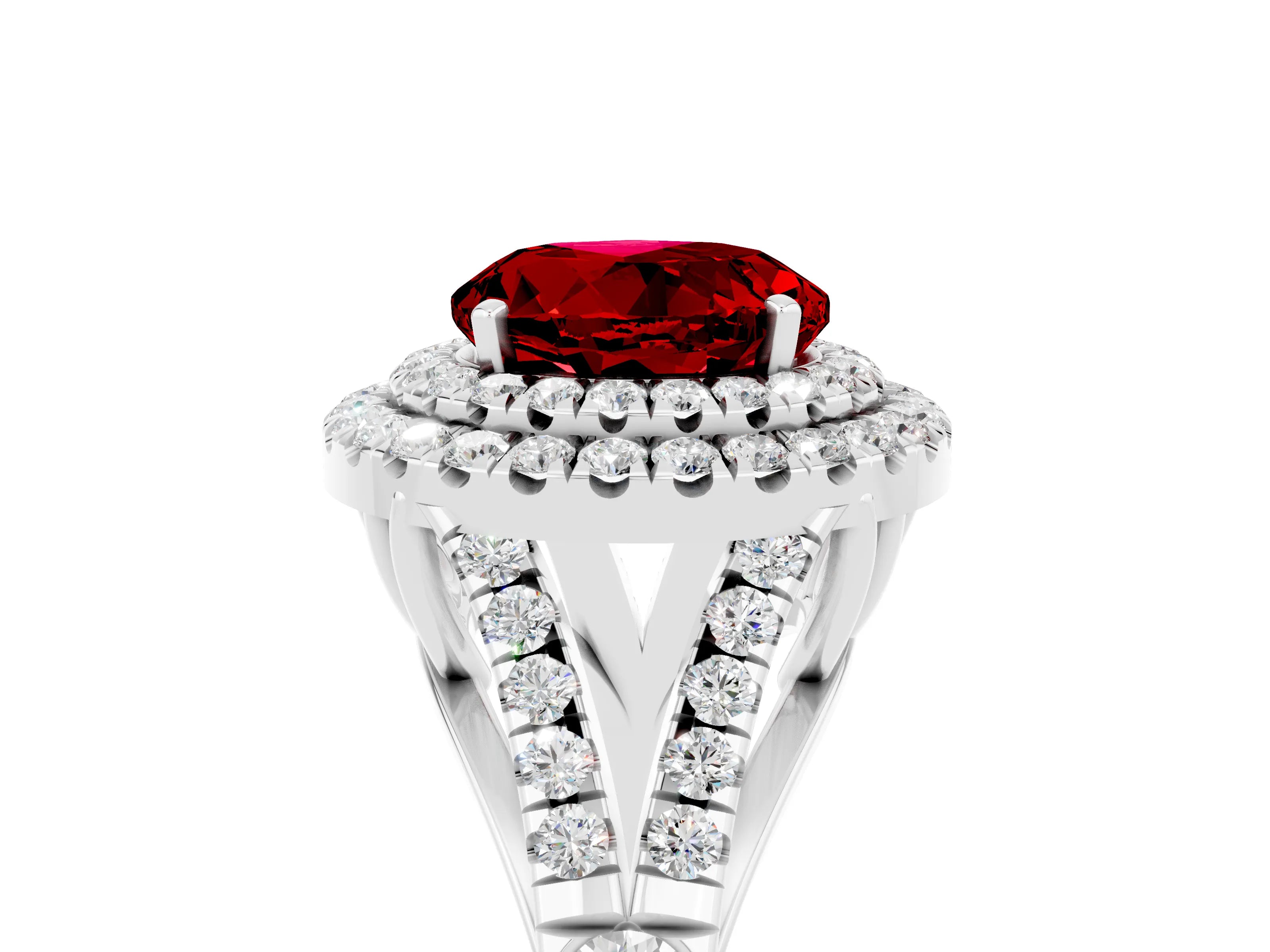 White gold Double Halo Round Cut Ruby Split Shank Engagement Ring with Four-Prong Setting_5