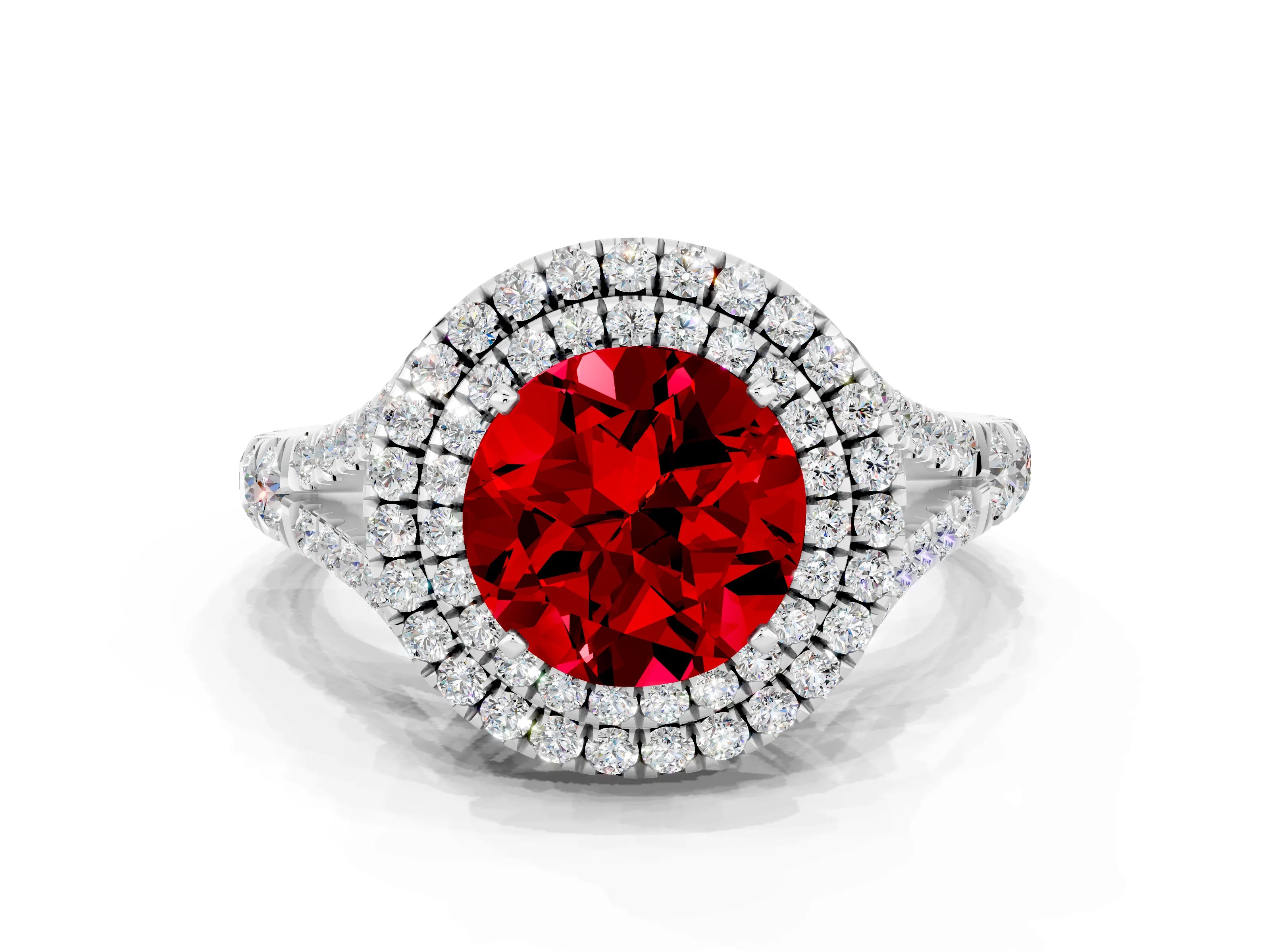 White gold Double Halo Round Cut Ruby Split Shank Engagement Ring with Four-Prong Setting