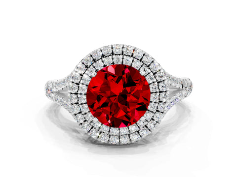 White gold Double Halo Round Cut Ruby Split Shank Engagement Ring with Four-Prong Setting