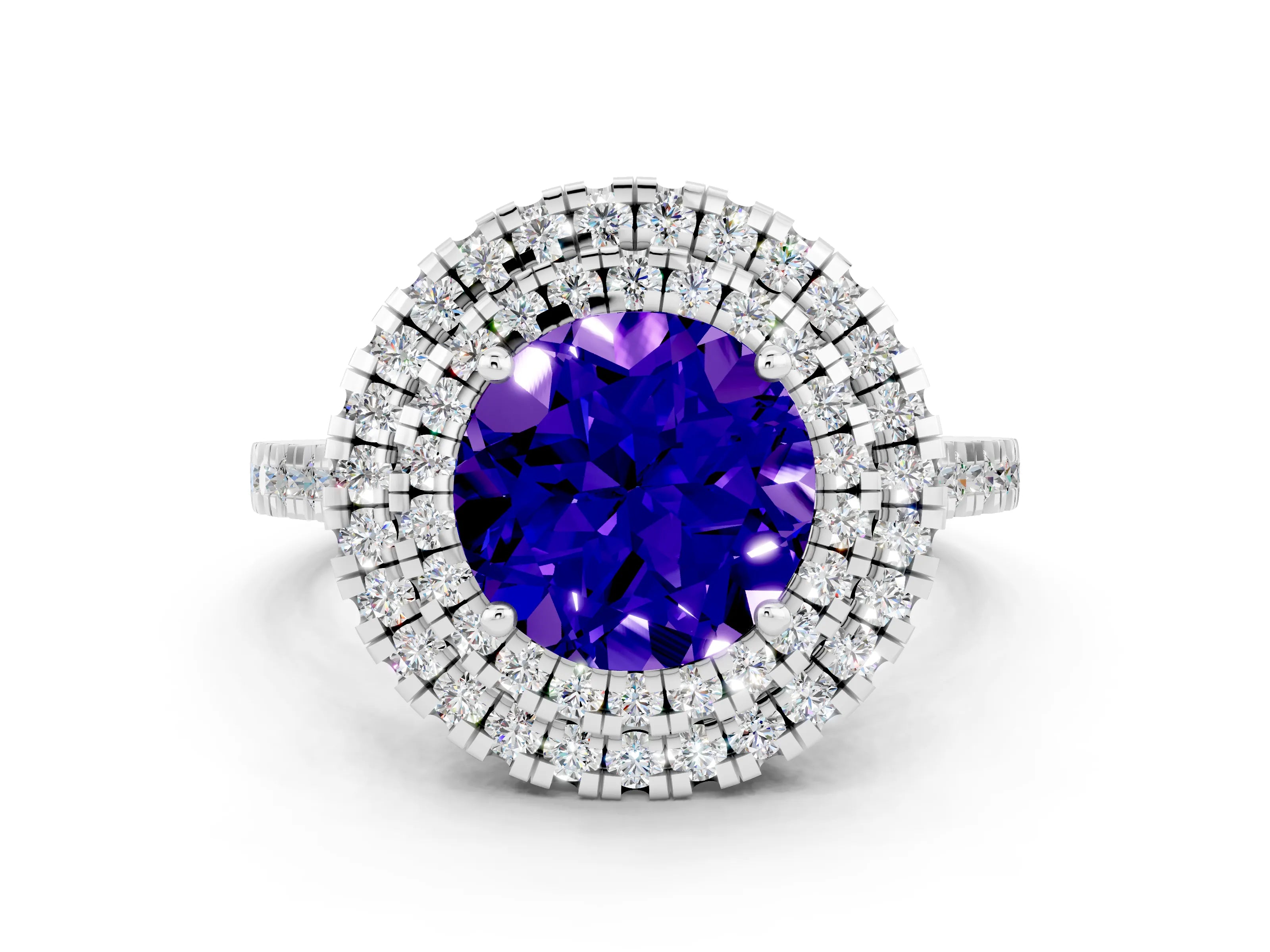 White gold Double Halo Round Cut Tanzanite Pavé Band with Four-Prong Setting