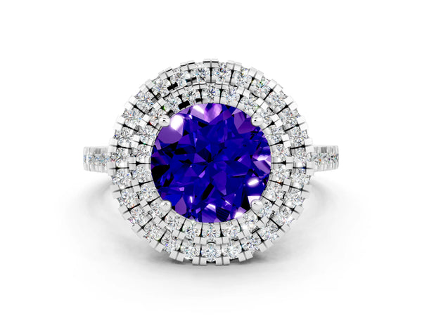 Platinum Double Halo Round Cut Tanzanite Pavé Band with Four-Prong Setting