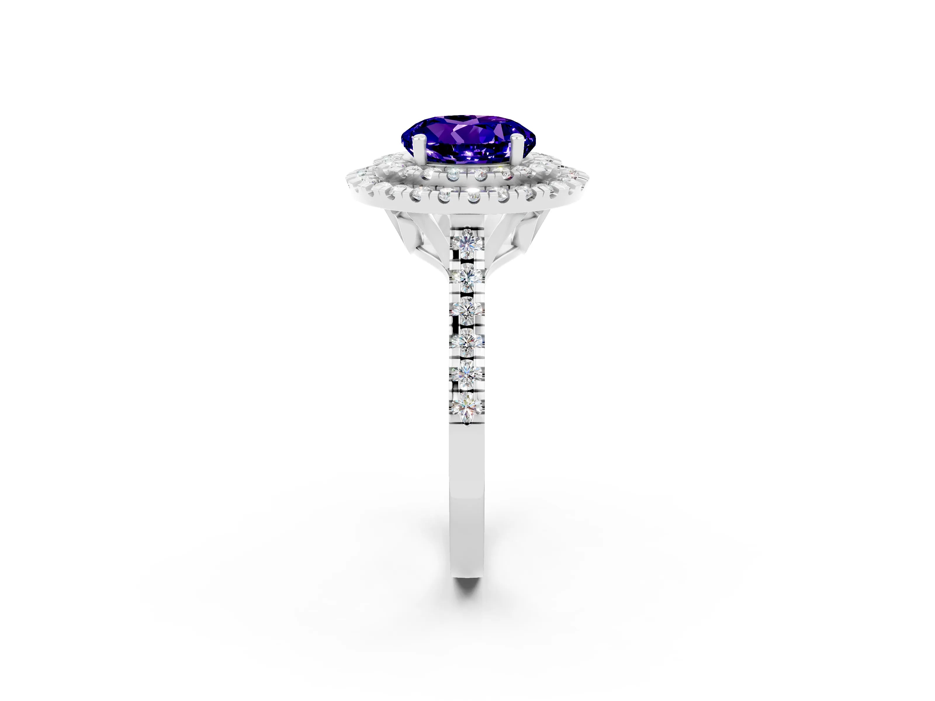 White gold Double Halo Round Cut Tanzanite Pavé Band with Four-Prong Setting_2