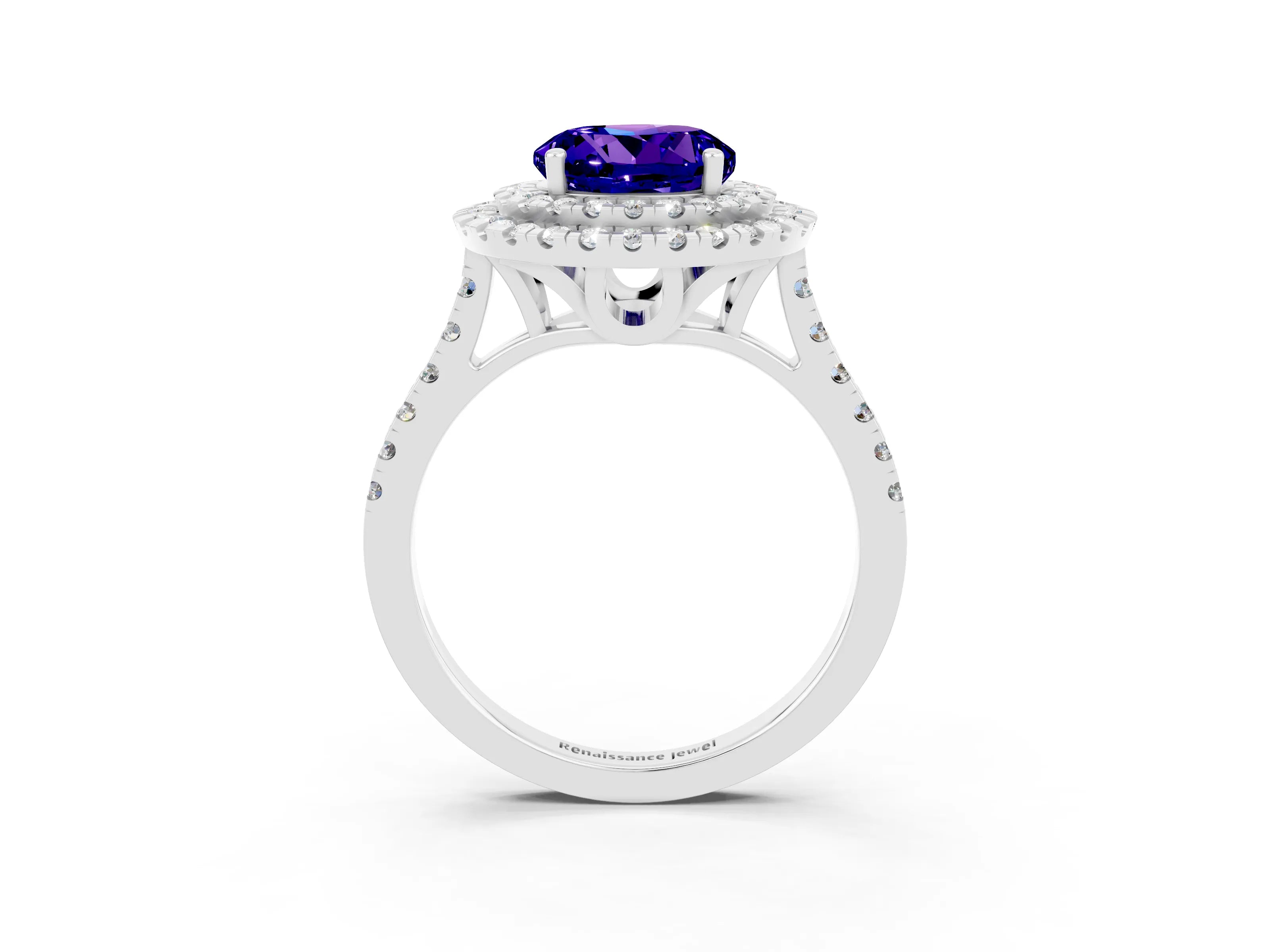 White gold Double Halo Round Cut Tanzanite Pavé Band with Four-Prong Setting_3
