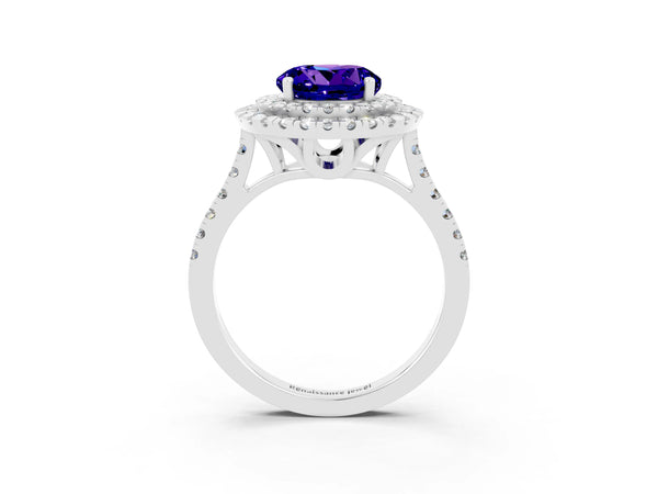 White gold Double Halo Round Cut Tanzanite Pavé Band with Four-Prong Setting