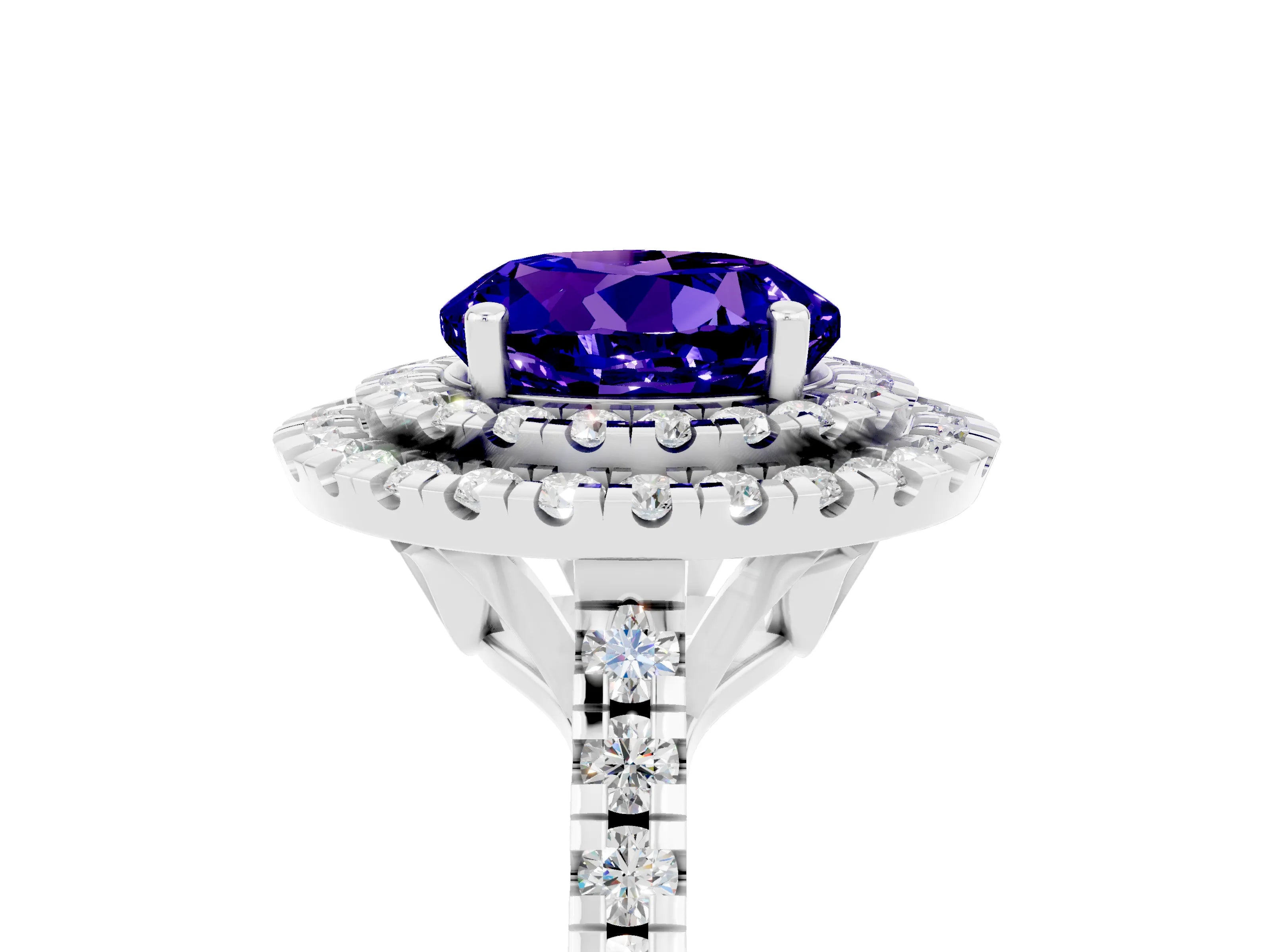 White gold Double Halo Round Cut Tanzanite Pavé Band with Four-Prong Setting_5