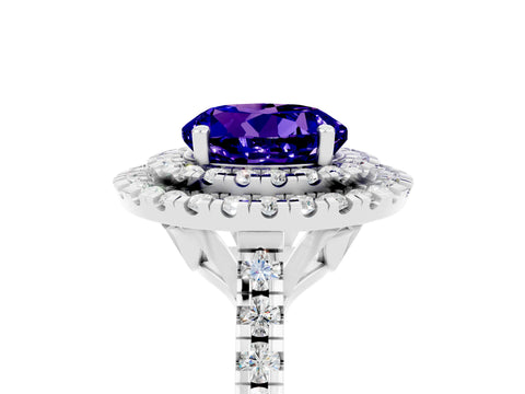 White gold Double Halo Round Cut Tanzanite Pavé Band with Four-Prong Setting_5