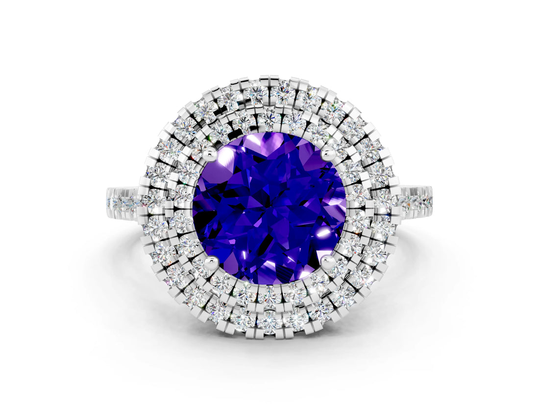 White gold Double Halo Round Cut Tanzanite Pavé Band with Four-Prong Setting