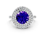 White gold Double Halo Round Cut Tanzanite Pavé Band with Four-Prong Setting