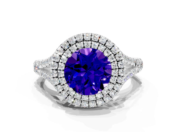 Platinum Double Halo Round Cut Tanzanite Pavé Split Shank Ring with Prong Setting