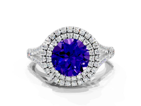 White gold Double Halo Round Cut Tanzanite Pavé Split Shank Ring with Prong Setting