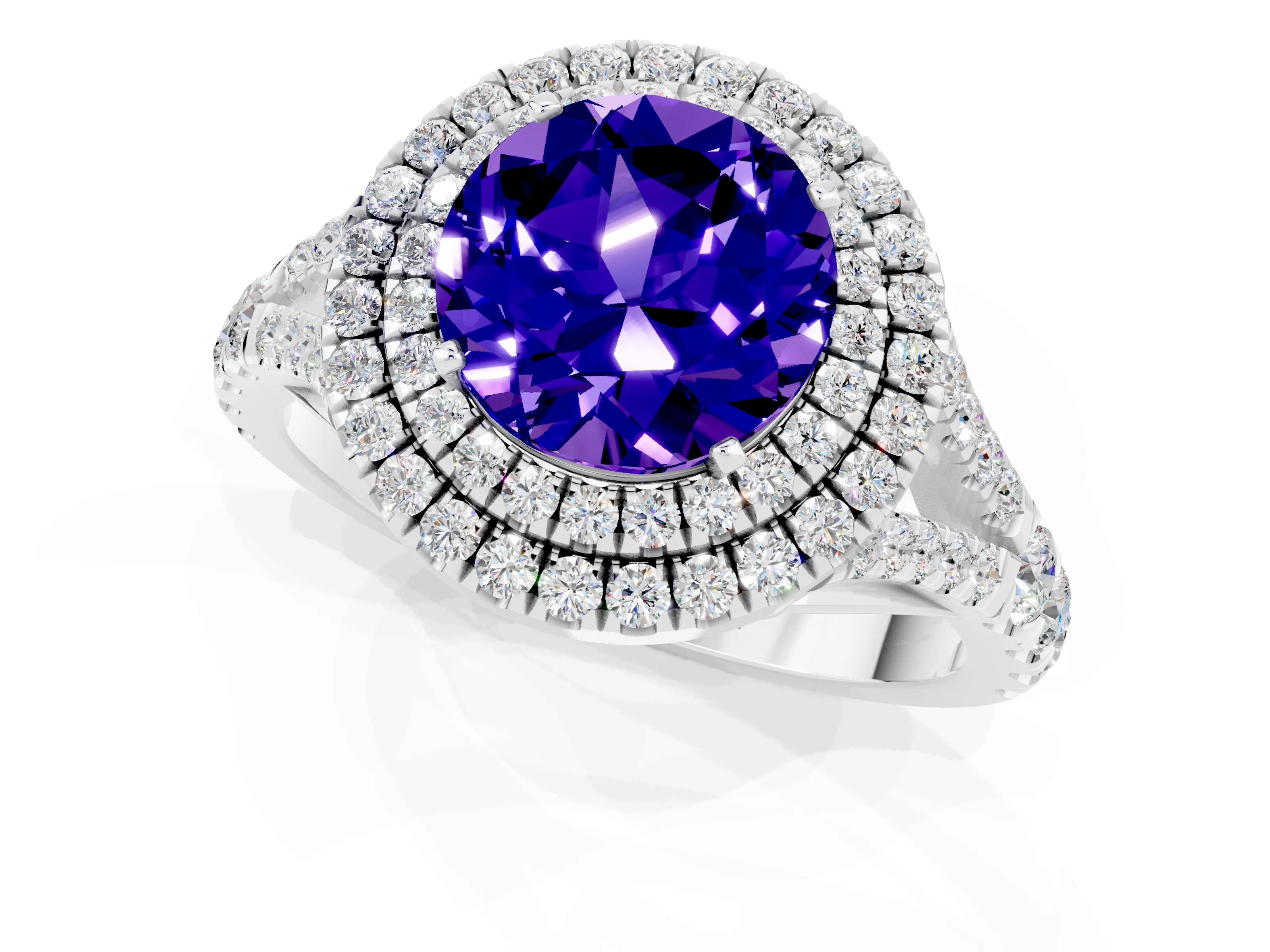 White gold Double Halo Round Cut Tanzanite Pavé Split Shank Ring with Prong Setting_1