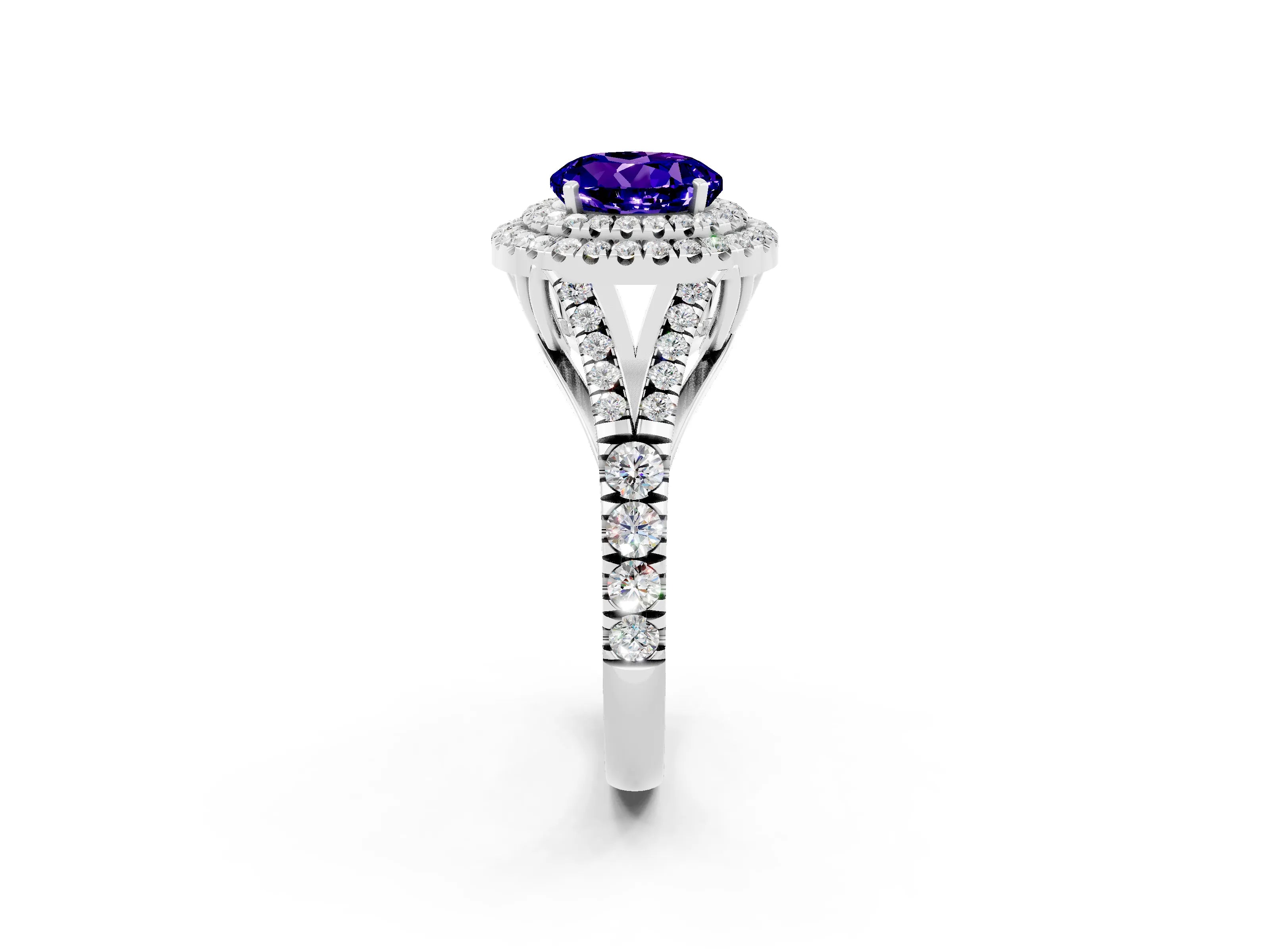 White gold Double Halo Round Cut Tanzanite Pavé Split Shank Ring with Prong Setting_2